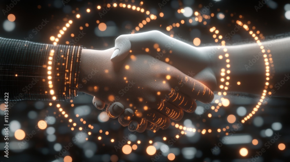 Poster a digital handshake symbolizing partnership and collaboration in a technological context.