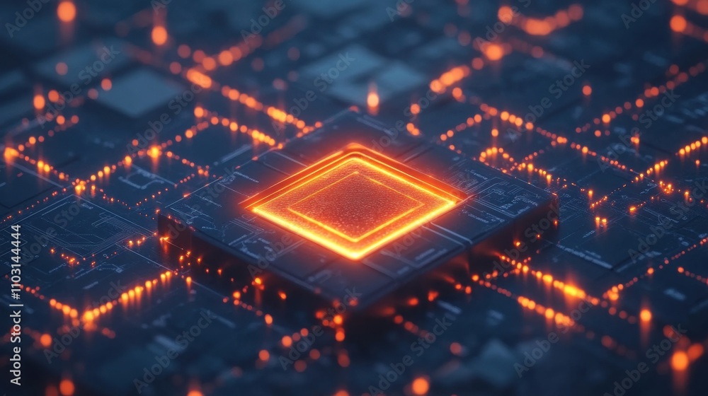 Poster futuristic microchip glow in a digital circuit board design