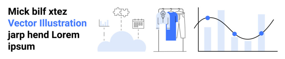 Cloud with uploaddownload arrows, clothing rack with tags, and financial graph with line chart and bar graph. Ideal for technology, e-commerce, retail, finance, data analytics, business strategy