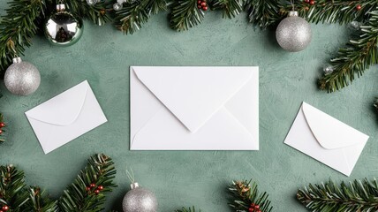 Flat lay of personalized holiday cards with envelopes, surrounded by garlands and ornaments   holiday cards, personalized stationery