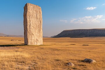 Fototapeta premium Ancient stone monolith standing alone in vast prairie landscape. Historic monument on golden grassland with mountain ridge backdrop. Desert archaeological site at sunset with copy space