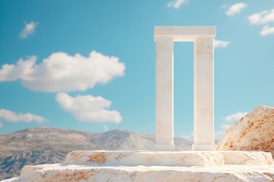 Ancient white marble doorway arch on mountain landscape. Historical Greek architecture ruins against blue sky with clouds. Mediterranean travel destination with copy space