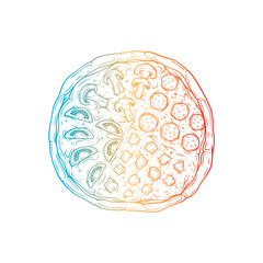 Large round assorted pizza with mushrooms, cheese, salami and tomatoes. Original vector illustration in vintage style.