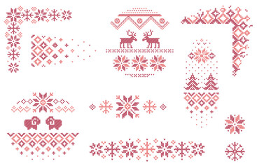 Red knitted pattern design line for christmas or winter season with different corner, divider and frame elements