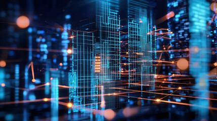 Fototapeta premium cyberpunk themed 3D cityscape with glowing holograms and futuristic buildings, showcasing vibrant neon lights and intricate digital patterns