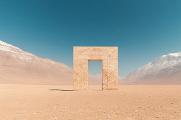 Minimalist stone doorway arch standing alone in vast desert landscape with mountains and turquoise sky. Surreal architectural concept in nature. Contemporary art installation with copy space