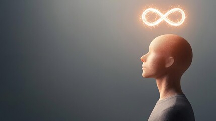A conceptual representation of infinity above a human figure, symbolizing limitless thinking and creativity, against a gradient background.