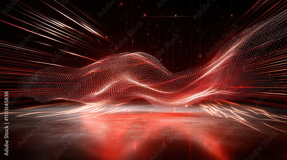 Poster glowing digital wave of red light creates mesmerizing visual effect, representing data flow and tech
