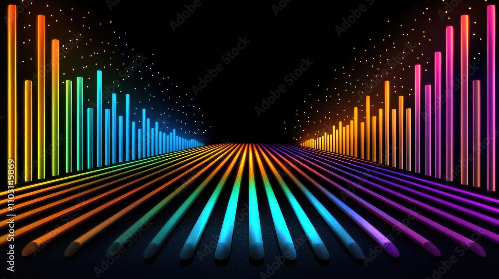 Poster colorful light rays create abstract background with glowing vertical bars, evoking sense of energy a
