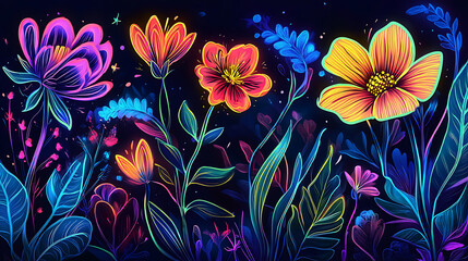 A vibrant illustration of cartoon flowers with neon outlines and electric colors 