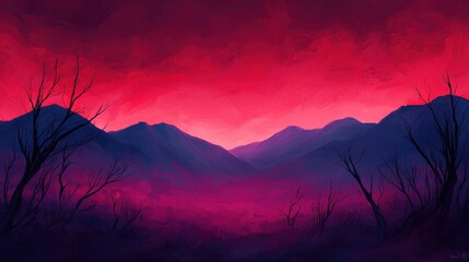 Majestic Sunset Over Mountains with Vivid Red Sky and Silhouettes