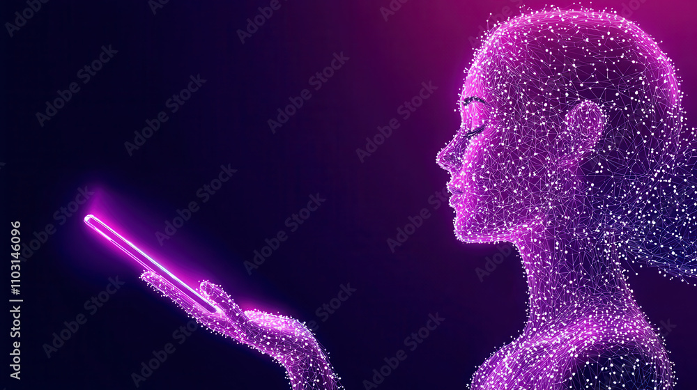Poster digital identity profile displayed as transparent figure interacting with smartphone, showcasing tec