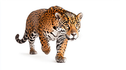 Fototapeta premium beautiful jaguar walking towards camera against white background, showcasing its striking coat and powerful presence. This majestic animal embodies grace and strength