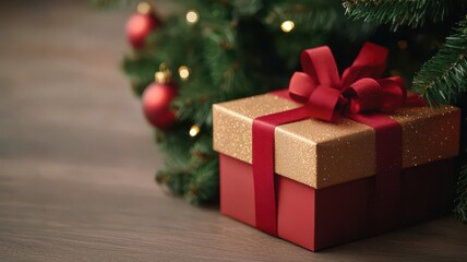 Holiday gift boxes wrapped in red and gold paper with ribbons, placed under a Christmas tree   gift box mockup, Christmas packaging