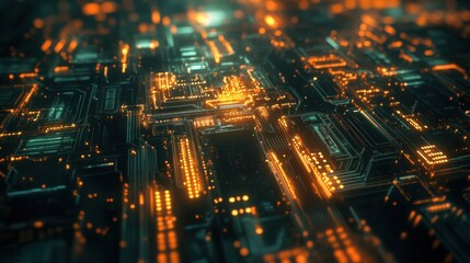 Fototapeta premium Abstract Circuit Board Design with Glowing Orange and Blue Lights