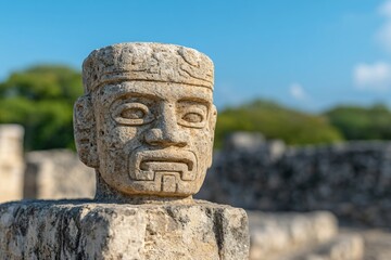Obraz premium Ancient Mayan stone head carving at archaeological site. Pre-Columbian civilization artifact in Mexico. Historical Native American sculpture ruins with stone walls and blue sky background