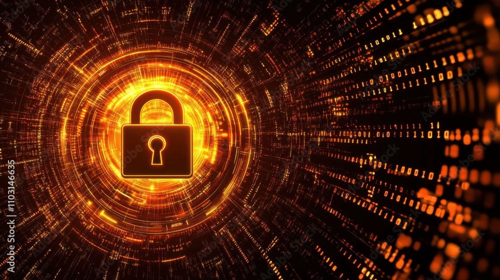 Poster digital lock on fiery background with data streams and circuits