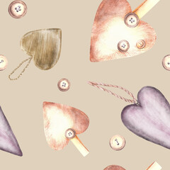 Hearts on rope with button seamless pattern Watercolor lilac, beige, wooden symbol of Love. Valentines Day gift paper Vintage Hand drawn illustration fabric design Clipart on isolated beige background