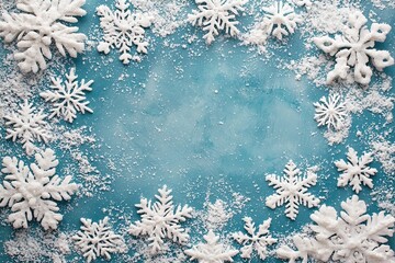 winter snowy border frame composition with white snowflakes and copy space on blue background