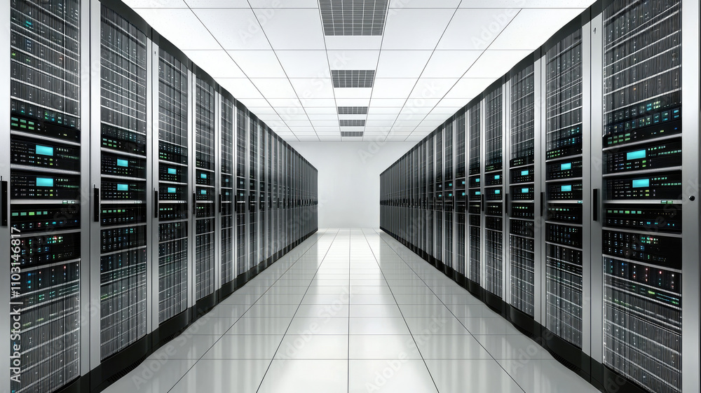 Poster modern data center with rows of servers and high tech equipment
