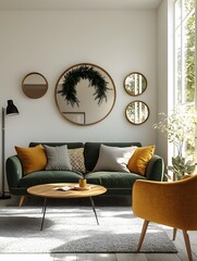 Modern Living Room with Green Sofa and Yellow Accents. A Cozy and Stylish Space Featuring Circular Mirrors, Indoor Plants, and a Minimalist Coffee Table.