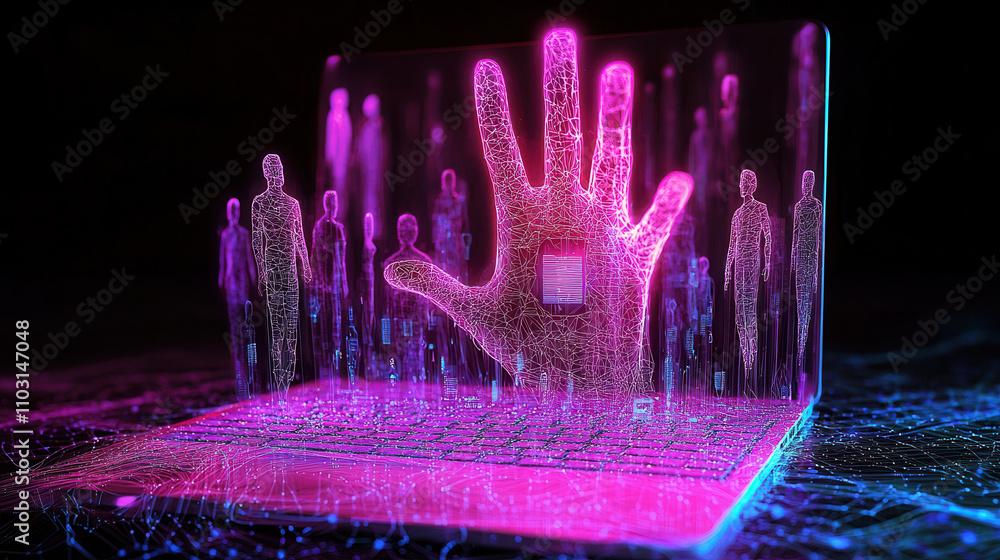 Poster futuristic laptop with glowing fingerprint scanner and digital figures emerging from it, symbolizing