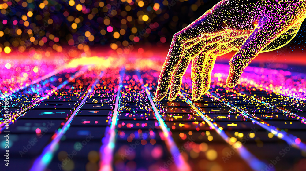 Poster futuristic laptop with glowing fingerprint scanner and vibrant colors. hand interacts with keyboard,