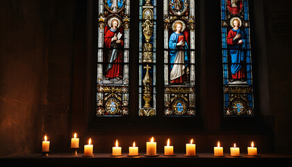 Obraz premium Stained-glass windows depicting the Passion of Jesus Christ with candles