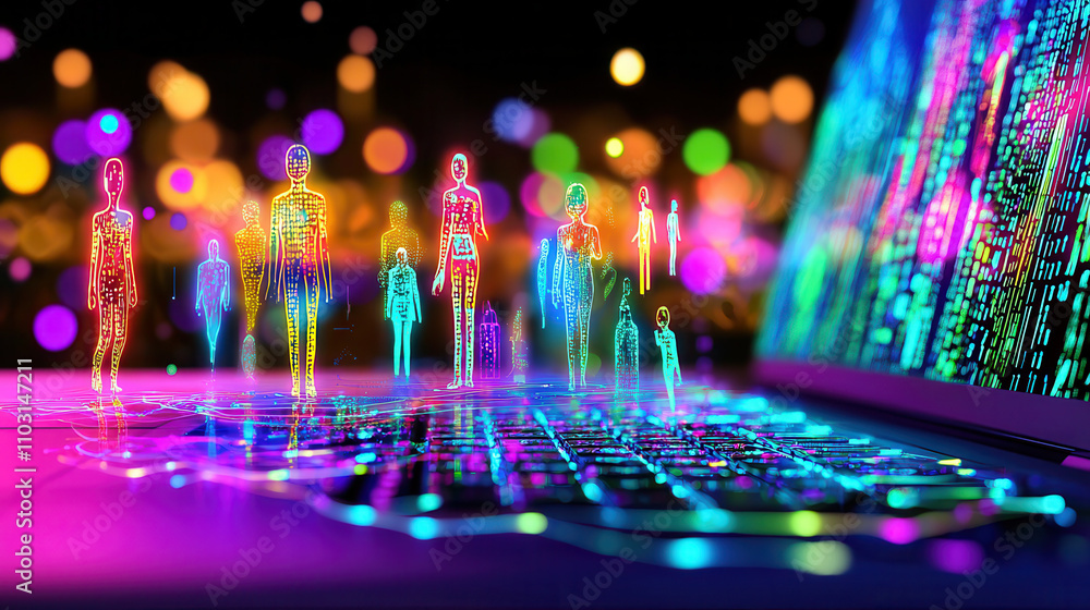 Poster futuristic laptop displays glowing holographic figures and vibrant data patterns, creating captivati