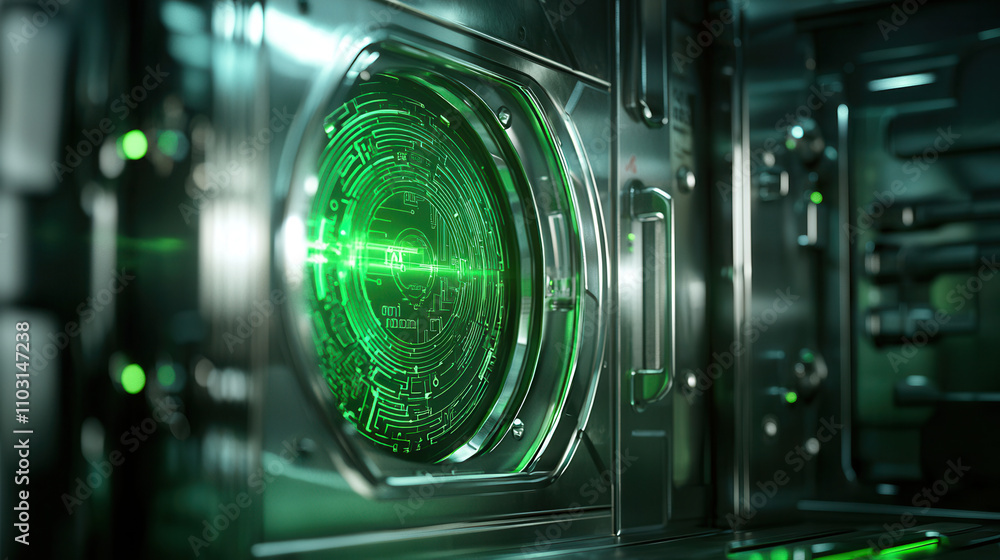 Poster futuristic vault featuring biometric access panels with glowing green circuitry, showcasing advanced