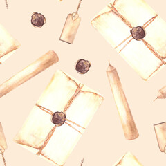 Vintage letter and sealing wax seal with candles and a paper tag. Christmas post seamless pattern.Watercolor Hand drawn illustration. Clipart for fabric, wallpaper, packaging isolated beige background