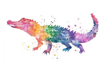 watercolor gradient multicolored silhouette crocodile with splashes isolated on white background
