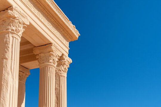 Ancient Roman style columns and architectural details against vivid blue sky. Historical archaeological ruins in warm beige limestone. Mediterranean classical architecture with copy space