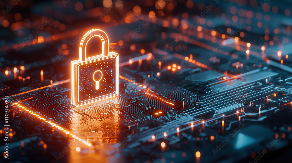 Poster glowing ai circuit board featuring secure holographic padlock symbolizes digital security and techno