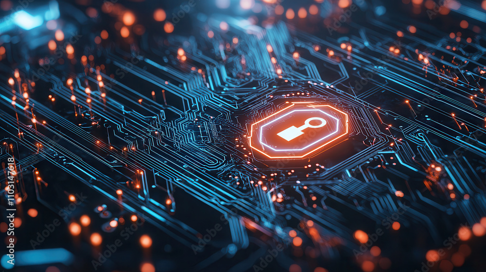 Poster glowing ai circuit board featuring secure holographic lock symbol, representing advanced technology 