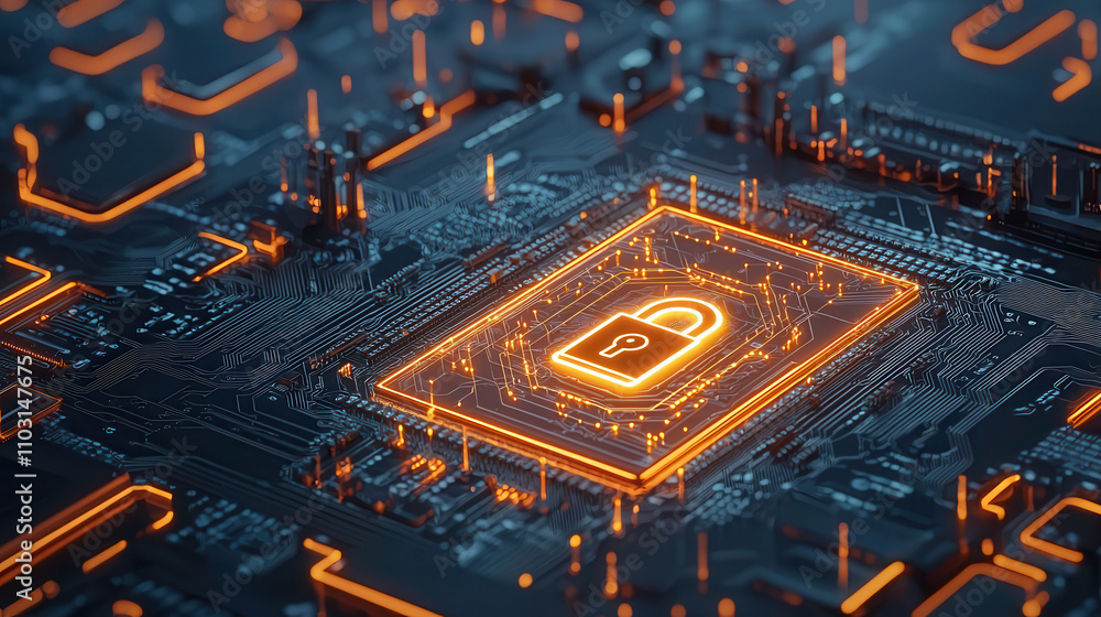 Poster glowing ai circuit board featuring secure holographic lock symbol, representing advanced technology 