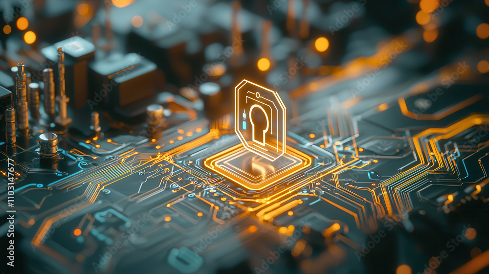 Poster glowing ai circuit board featuring secure holographic lock symbol, representing advanced technology 