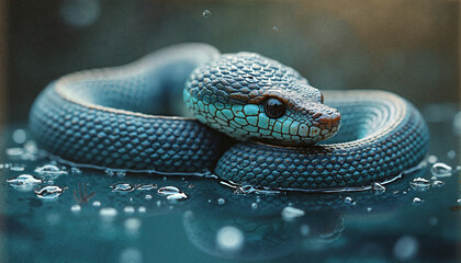A close-up, digitally rendered image of a blue snake partially submerged in water. The detailed scales and glossy, wet appearance create a realistic effect. Ripples and droplets surround the snake
