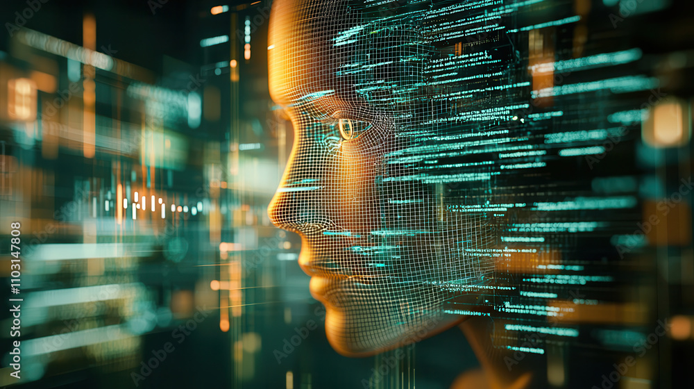 Poster glowing wireframe of face represents digital identity and technology. intricate patterns and data st