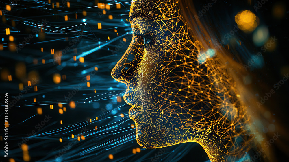 Poster glowing wireframe of face with digital elements and light trails, symbolizing technology and identit