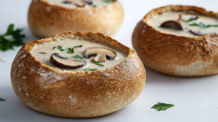 Creamy mushroom soup served in bread bowls, garnished with parsley. This comforting dish is perfect for cozy meal