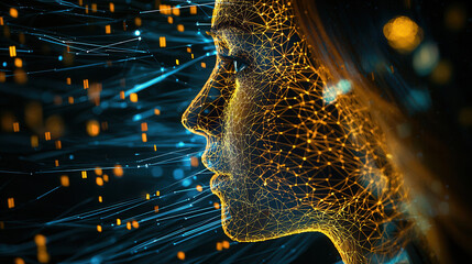 glowing wireframe of face with digital elements and light trails, symbolizing technology and identity. image evokes sense of innovation and connection
