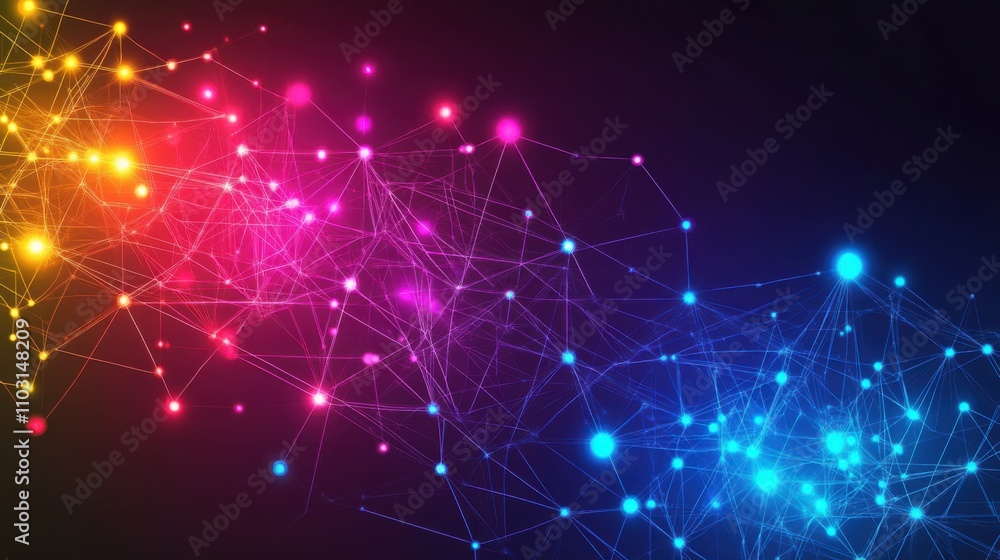 Poster colorful abstract network background with bright glowing nodes