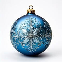 Fototapeta premium Isolated blue decorated Christmas bauble on a white background, square illustration 