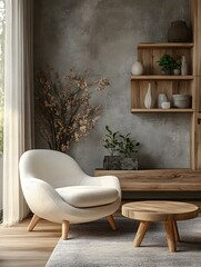 Modern Minimalist Living Room with Beige Armchair, Wooden Coffee Table, and Floating Shelves Adorned with Plants and Decorative Items Against a Textured Gray Wall.