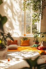 vertical image light room interior with yoga mat near the window, surrounded by pillows and houseplants, soft sunlight