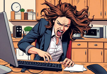 Young businesswoman working from home using laptop, she has serious problems and she is furious, remote work concept for women