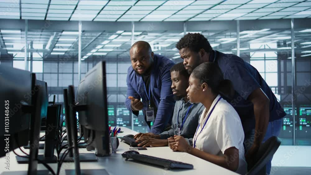 Poster coworkers in data center doing brainstorming, implementing ai predictive maintenance systems. server