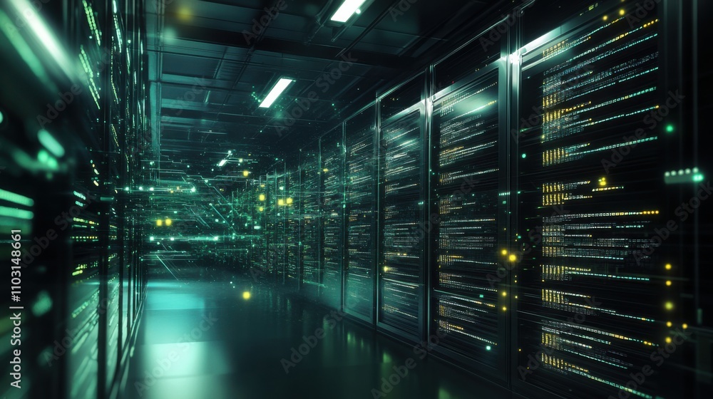 Poster futuristic data center with glowing servers and digital streams