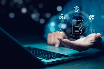 Compliance concept.Businessman Touching Compliance Standards and Global Network. Adherence,...